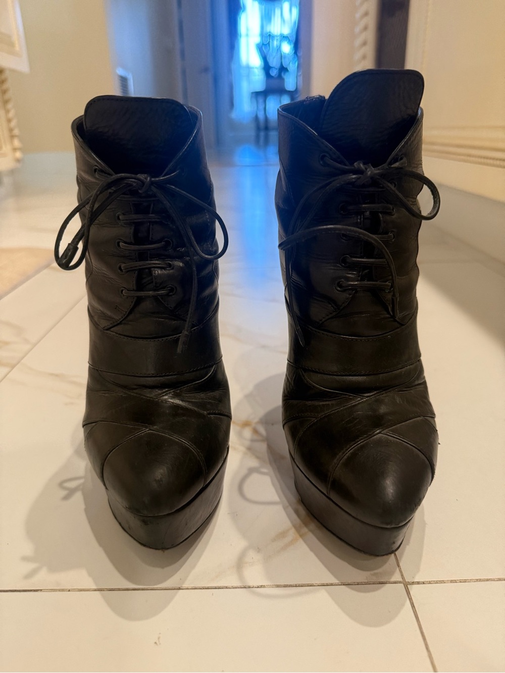 Prada Black Leather Lace-Up Platform Ankle Boots